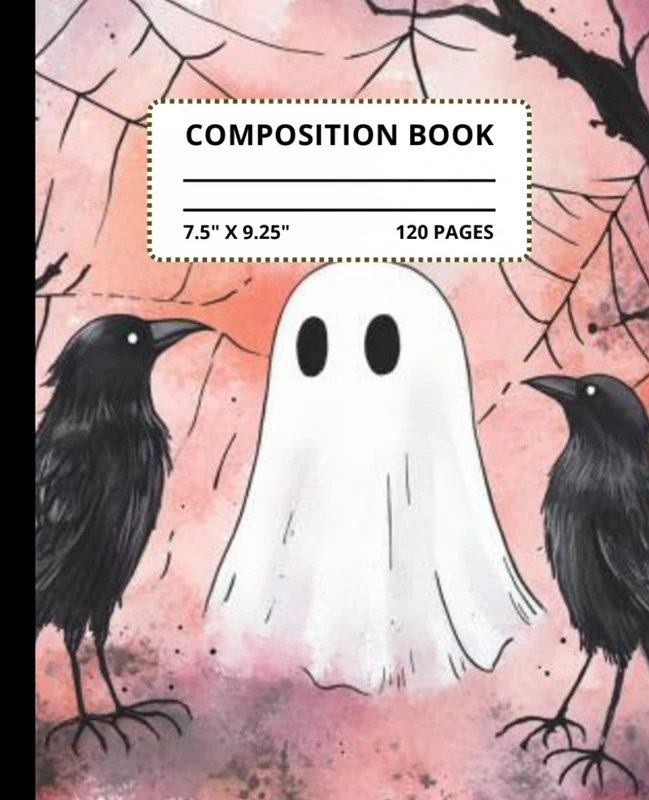 Halloween Composition Notebook, Cute Ghost Crows, Wide Ruled