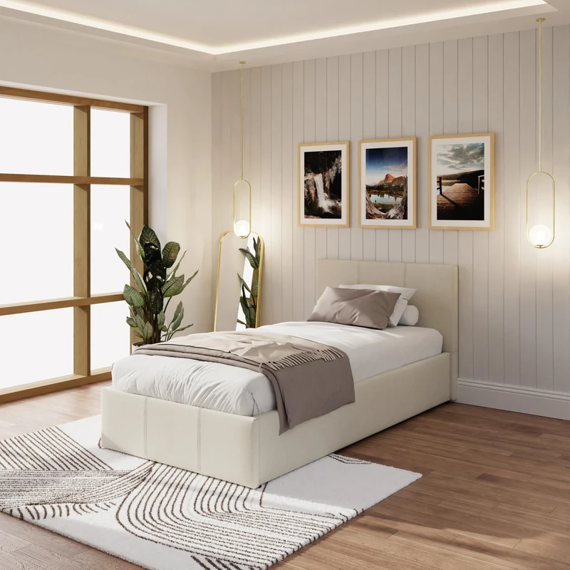 GFW Classic Leather Upholstered Ottoman Storage Bed With Gas End Lift & Under Bed Storage, Single, Fabric, Natural