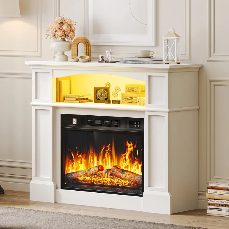 YITAHOME Electric Fireplace, 39" White Electric Fire and Surround Modern Realistic LED Flame, with Timer and 16 Color LED Light Strip and 7 Day Programmable Remote Control, 30.5D x 100W x 79H cm