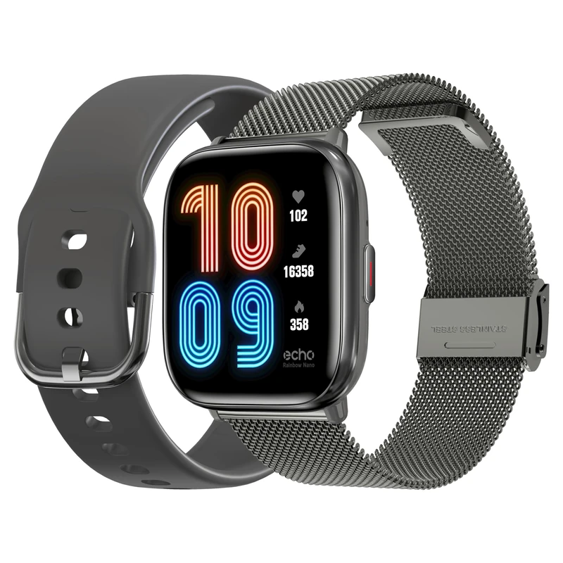 ECHO Rainbow Nano AMOLED Men's Smart Watch 1.83 Inches Grey – Bluetooth/Wireless Call & Health Sensors – Sports Modes with Coach – 2 Metal & Rubber Straps – Mini, Lightweight & Waterproof – - Image 1