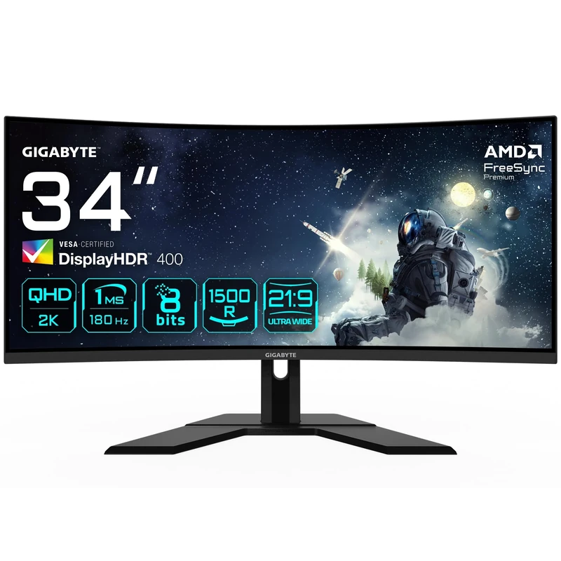 Gigabyte G34WQCP 34" WQHD Curved Gaming Monitor - 3440 x 1440, 1500R, 180Hz, 1ms, 350 cd/m2, AMD FreeSync Premium, DisplayHDR 400, HDMI 2.0, DisplayPort 1.4