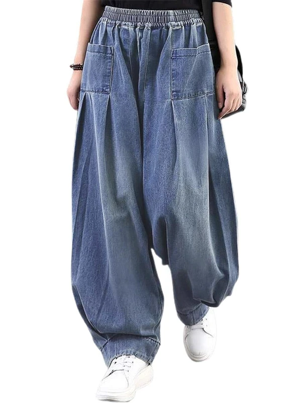 ebossy Women's Denim Harem Pants Elastic Waist Pleated Wide Leg Baggy Jeans, Light Blue, Large