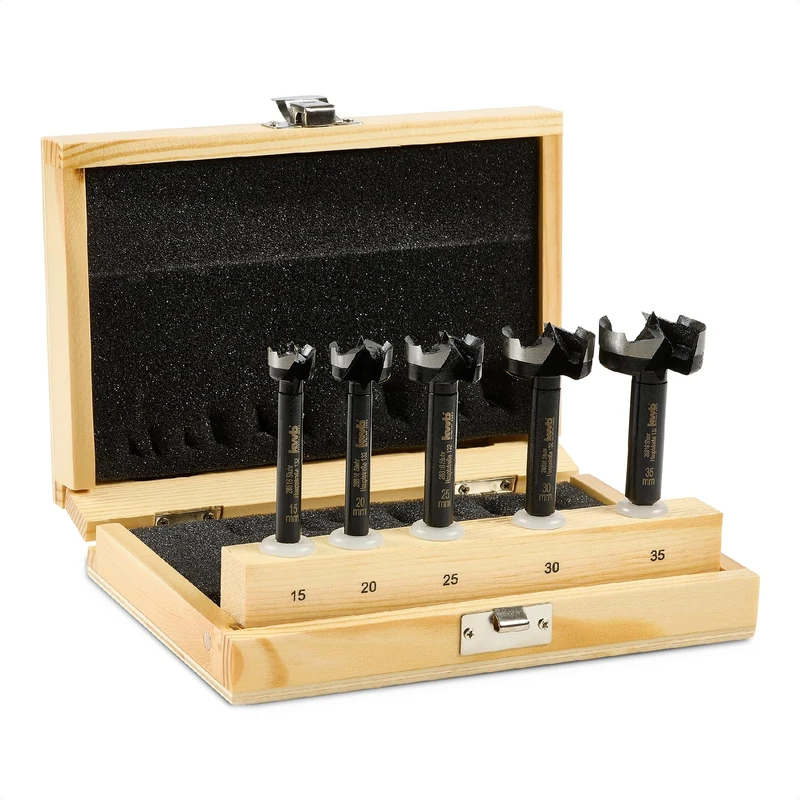 kwb Forstner bit set 5-piece (15-35 mm, 88 mm length, hex shank, tear-free drill holes, durable, for hardwood/softwood, incl. wood case)