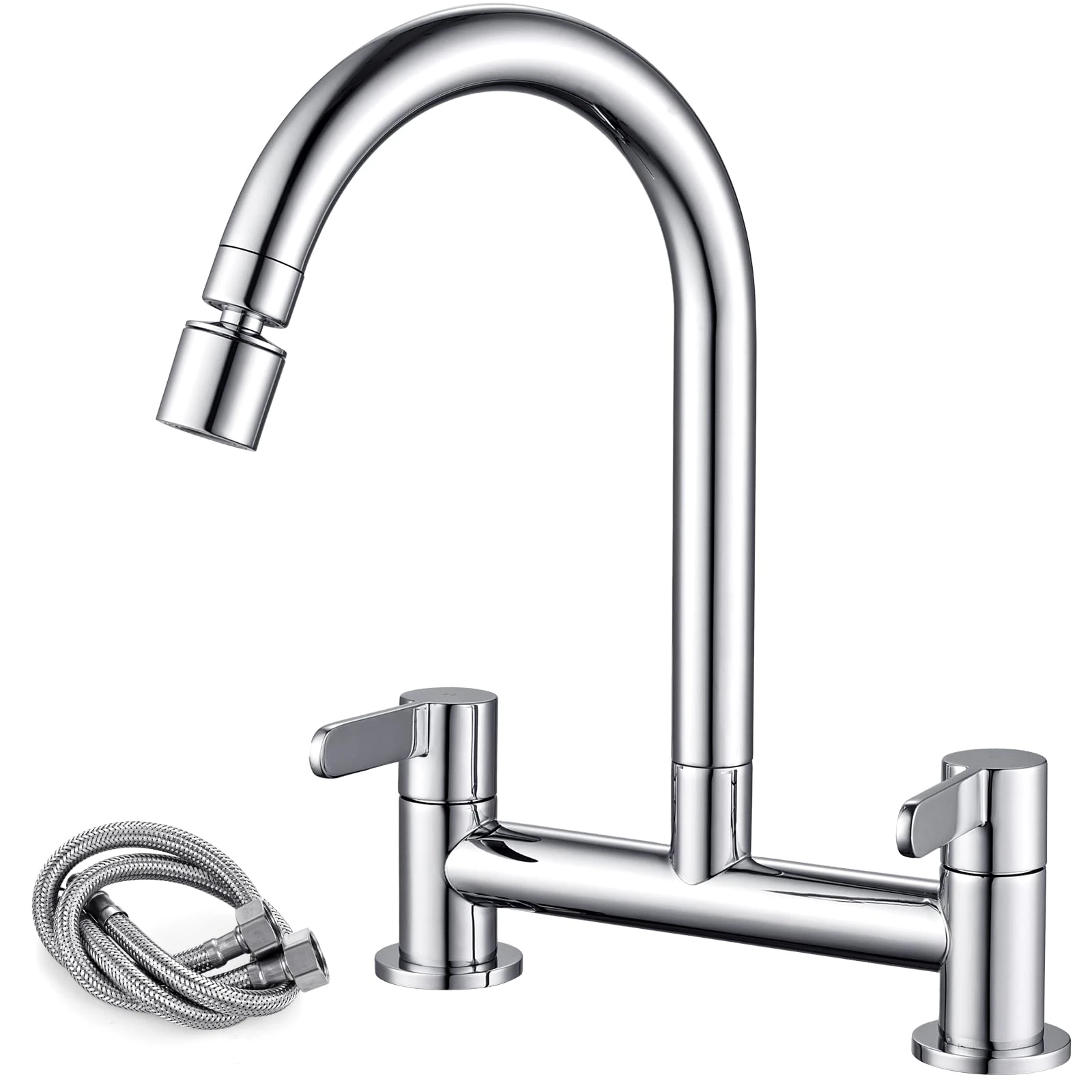 Peppermint Kitchen Mixer Taps 2 Hole with 2 Function Aerator Kitchen Sink Mixer Taps Dual Lever Chrome Bridge Sink Mixer Tap for Kitchens 360° Swivel 180MM Center Deck Mounted 1/4 Turn Faucet