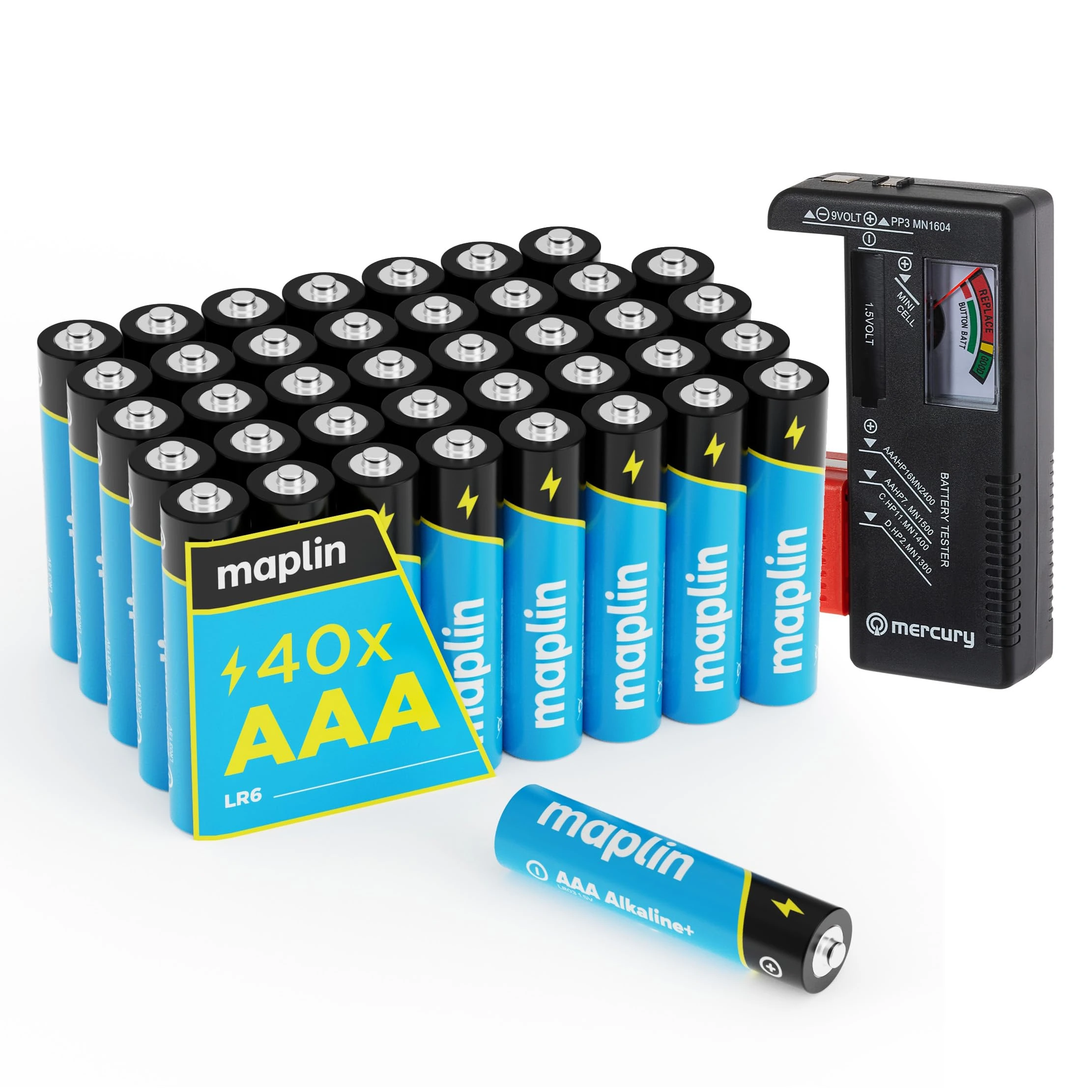 Maplin 40x AAA LR03 1.5V Alkaline Batteries (Triple A) 10 Year Shelf Life High Performance with Universal Battery Tester