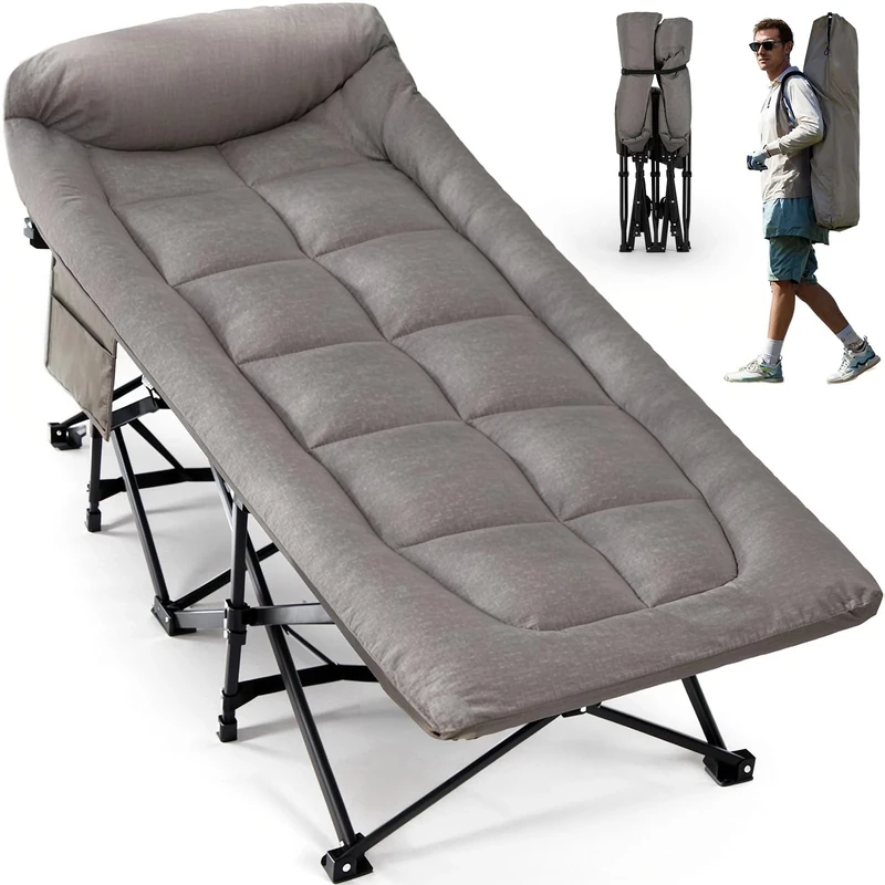 OVERMONT 28" Extra Wide Padded Folding Camping Beds for Adults - Comfortable Portable with Cushion and Pillow - Folding Cot with Carry Bag Supports 550 lbs for Outdoor Travel Home Office Nap