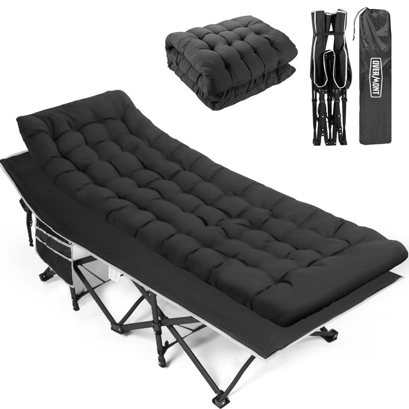 OVERMONT Folding Camping Bed with Mattress - 550LBS Support - Extra Wide 28in - Heavy Duty Sleeping Beds with Carry Bag - Upgrade 2400D Oxford Cloth Portable for Home, Office, Beach and Camping, Black