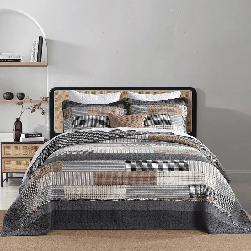 FineStichery Oversized Cal King Quilt Bedspread 128"x120" Extra Wide - 100% Cotton Farmhouse Bedspreads Coverlet Set, Quilted Patchwork Bedding Cover, Reversible, 3 Pieces, Grey/Brown/Beige