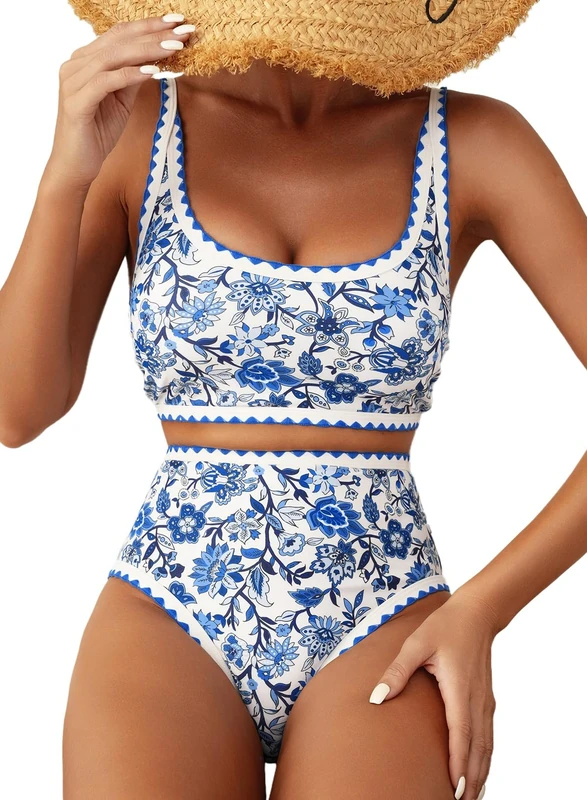 Herseas Women's Bikini Sets Floral Print Whip Stitch 2 Piece Swimsuits High Waisted Scoop Bathing Suits, Blue, Large