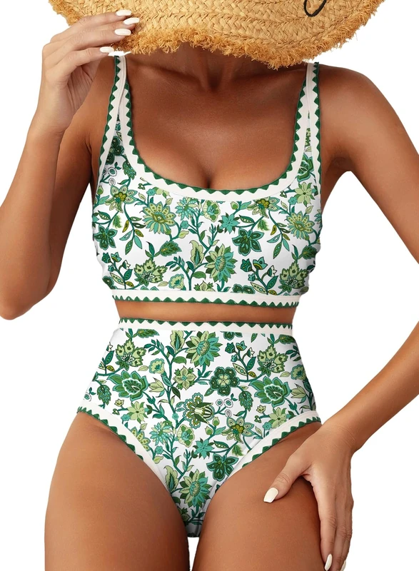 Herseas Women's Bikini Sets Floral Print Whip Stitch 2 Piece Swimsuits High Waisted Scoop Bathing Suits, Green, Large