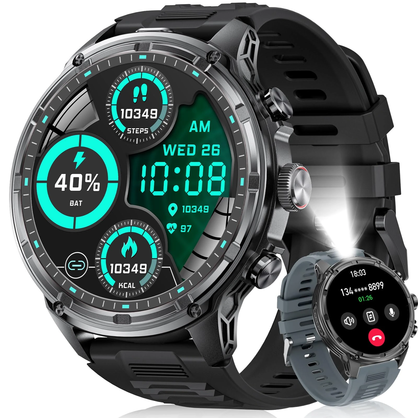 LIGE Men's Smartwatch with LED Torch, 1.85 Inch HD Large Display/710 mAh Battery Sports Watch with Phone Function, 100+ Sports Modes, Fitness Watch, 24/7 Heart Rate / Sleep Monitor for Android iOS,
