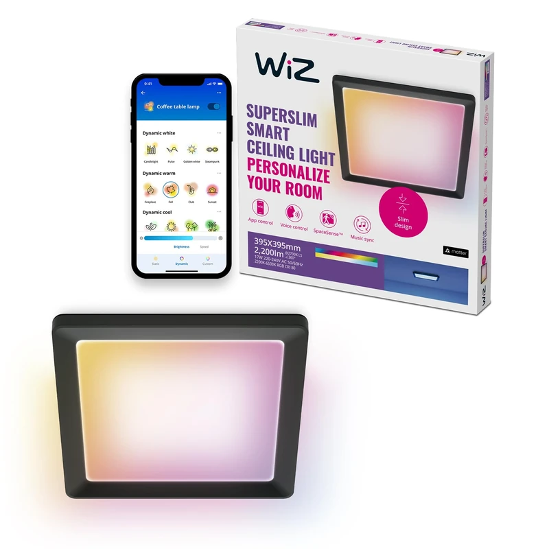 WiZ Smart Ceiling Panel Light - Slim Square Design, Multiple Sizes, Voice/app Control, scheduling, Works with Google Home, Amazon Alexa and Apple HomeKit, Interior Lighting, Black/White