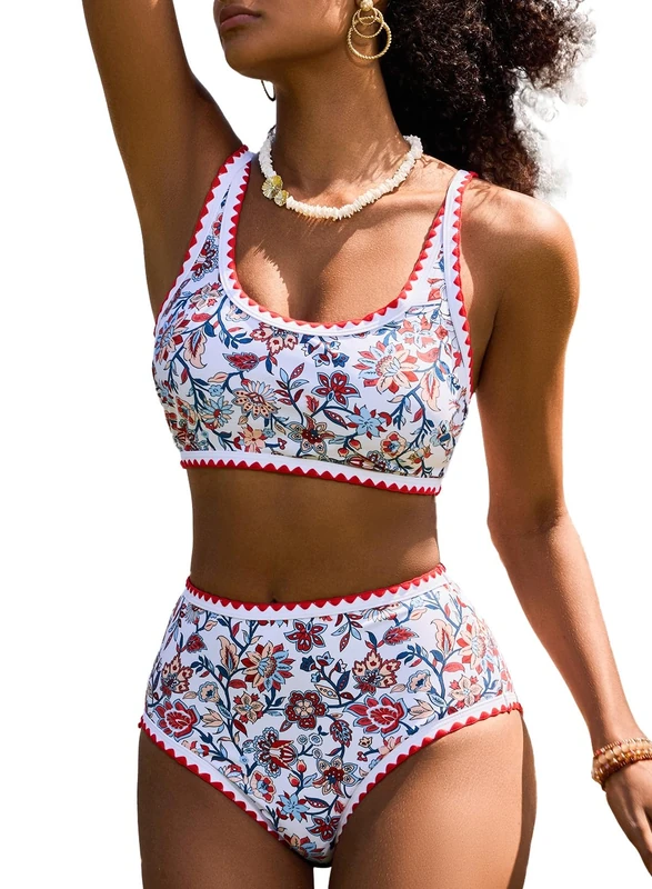Herseas Women's Bikini Sets Floral Print Whip Stitch 2 Piece Swimsuits High Waisted Scoop Bathing Suits, Red, Medium