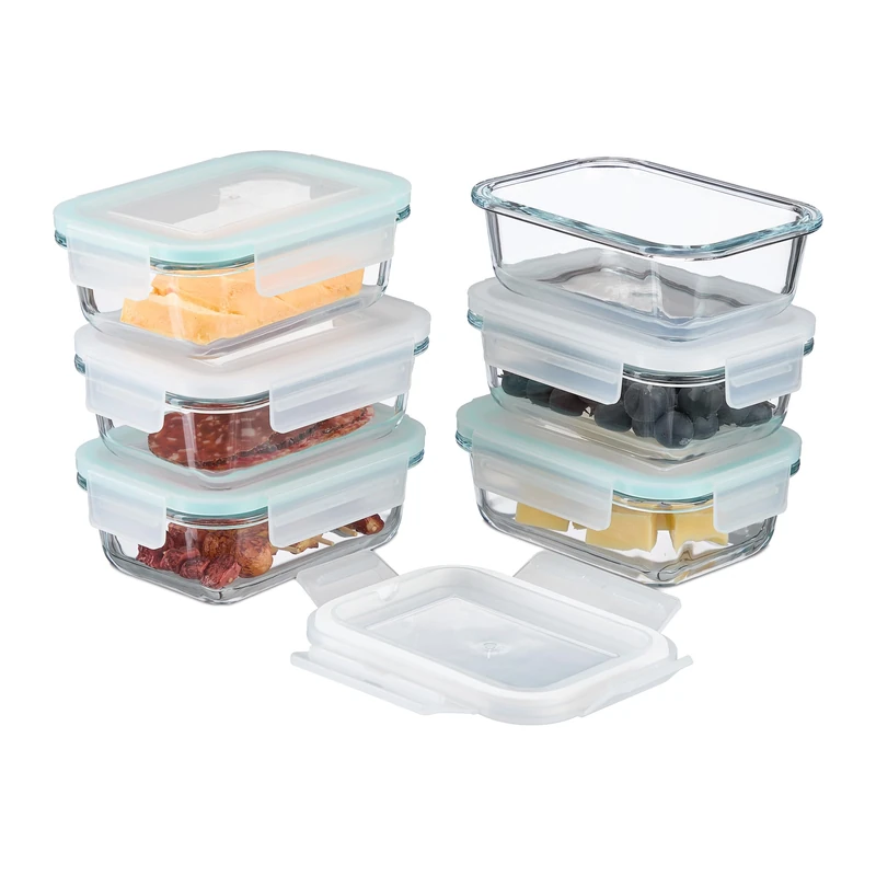 Relaxdays Set of 6 Glass Containers, 370 ml, Meal Prep, Food Storage Boxes, Plastic Lid, Airtight, Transparent, 6 x 15.5 x 11 cm