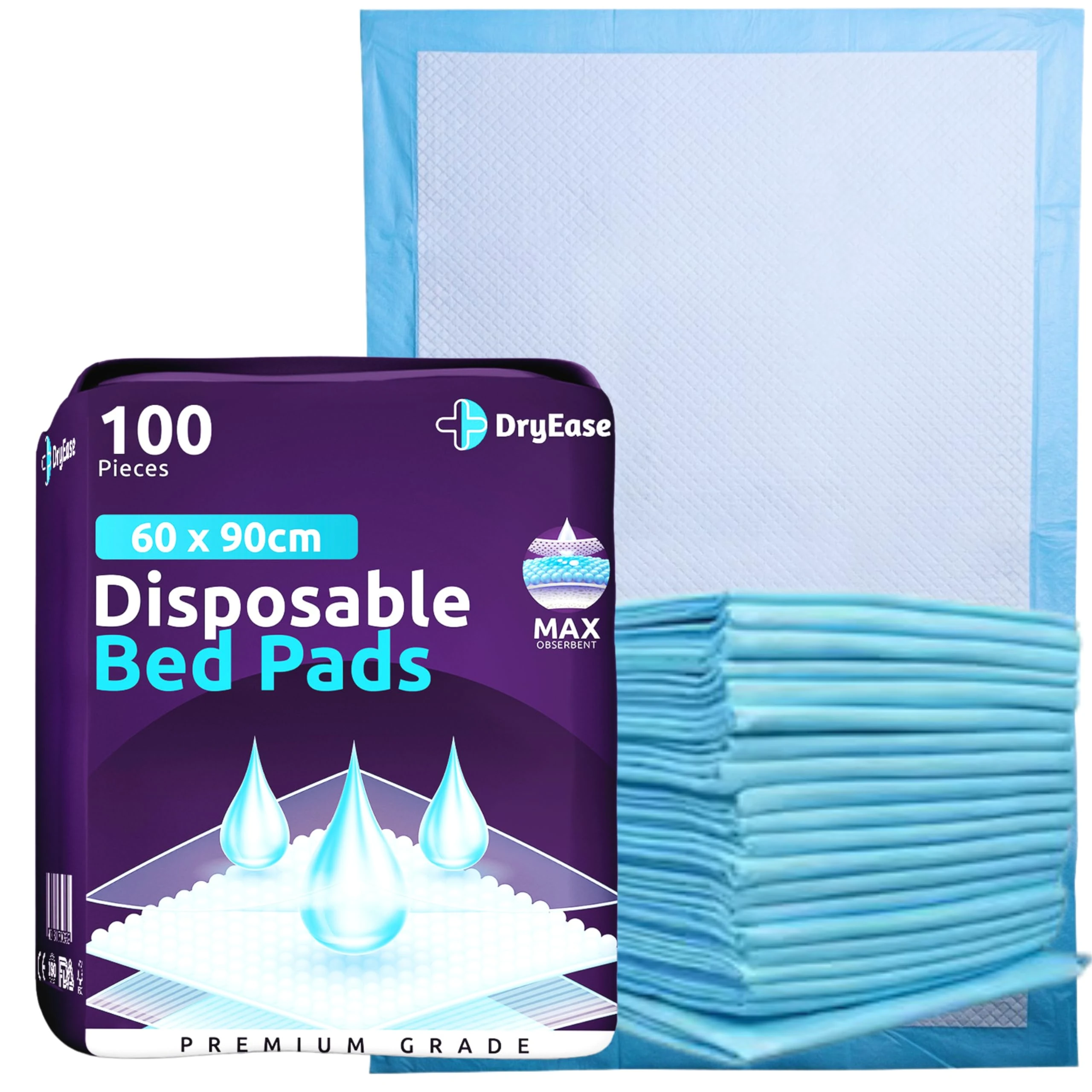 100 x DryEase Disposable Incontinence Bed Pads 60 x 90cm | Highly-Absorbent Incontinence Bed Sheets | Waterproof Incontinence Sheets for Sofa, Mattress, Chair & for Babies, Children, Adults, & Elderly