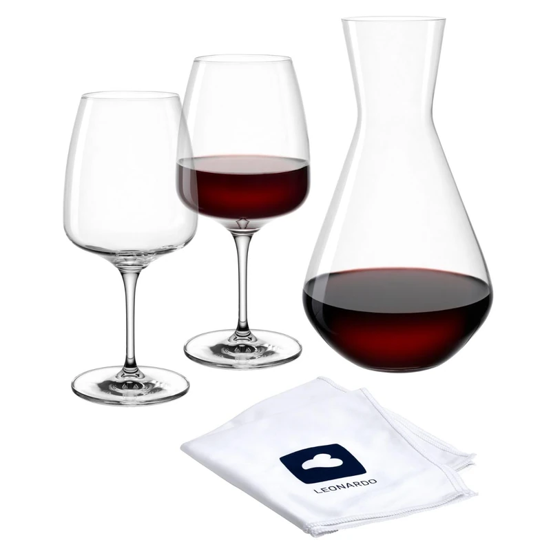 LEONARDO HOME CESTI Wine Set (Set of 3) Including Polishing Cloth • Dishwasher Safe Wine Set • Shockproof Red Wine Set • Low Style Wine Glasses (500 ml) • High Quality Glass Carafe (1500 ml) • 040974 - Image 1