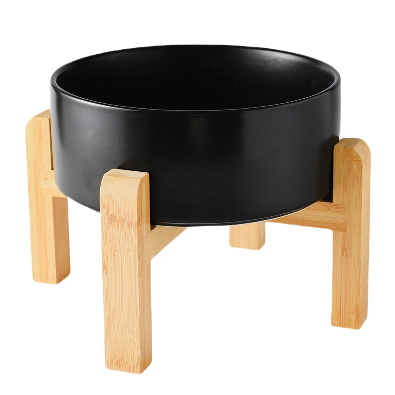 Welloyed 8'' Ceramic Raised Dog Bowl - 70Oz Dog Food & Water Bowl with Elevated Non-Slip Bamboo Stand, Dishwasher & Microwave Safe, Anti Vomiting Heavy Duty Pet Bowl for Small and Medium Dogs, Black