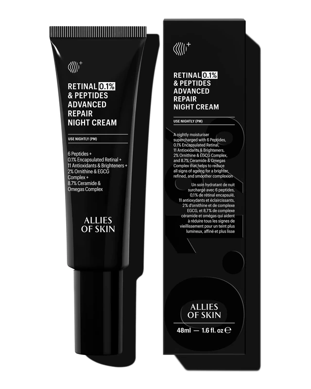 Allies of Skin Retinal 0.1% Peptides Repair Night Cream with Patented 0.1% Encapsulated Retinal, 6 Peptides, 2% Ornithine & EGCG Complex, 8.7% Ceramides & Omegas Complex