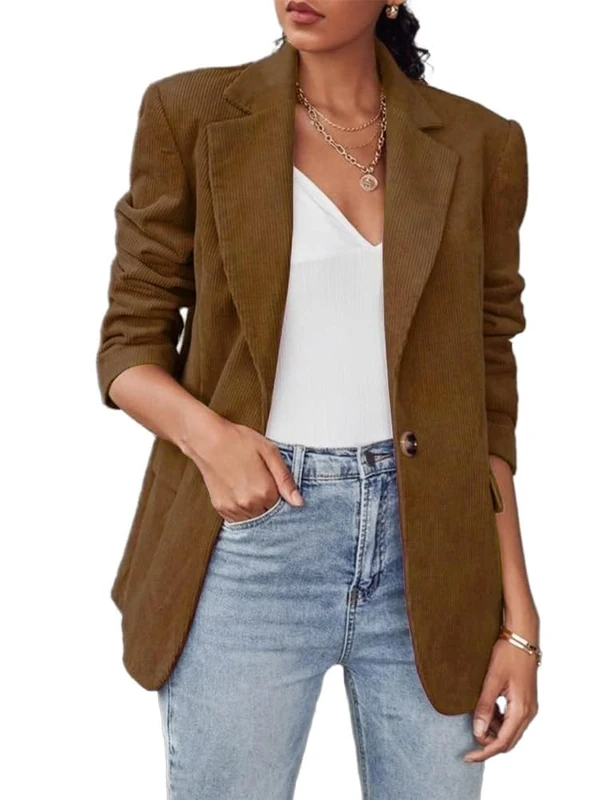 IDEALSANXUN Womens Corduroy Blazer Fall Winter Casual Blazer Dressy Suit Jackets, Brown, L - Image 1