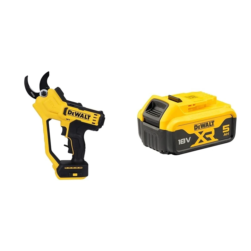 DEWALT DCMPP568N-XJ 18V XR Stainless Steel Pruner, 38 mm Cut Capacity, Rust Resistant, Non-Stick Coated Blades, LED Work Light, Ambidextrous, Modern Style, Multicolored + DEWALT Battery