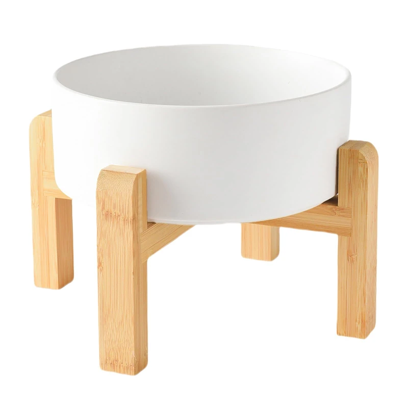 Welloyed 8'' Ceramic Raised Dog Bowl - 70Oz Dog Food & Water Bowl with Elevated Non-Slip Bamboo Stand, Dishwasher & Microwave Safe, Anti Vomiting Heavy Duty Pet Bowl for Small and Medium Dogs, White