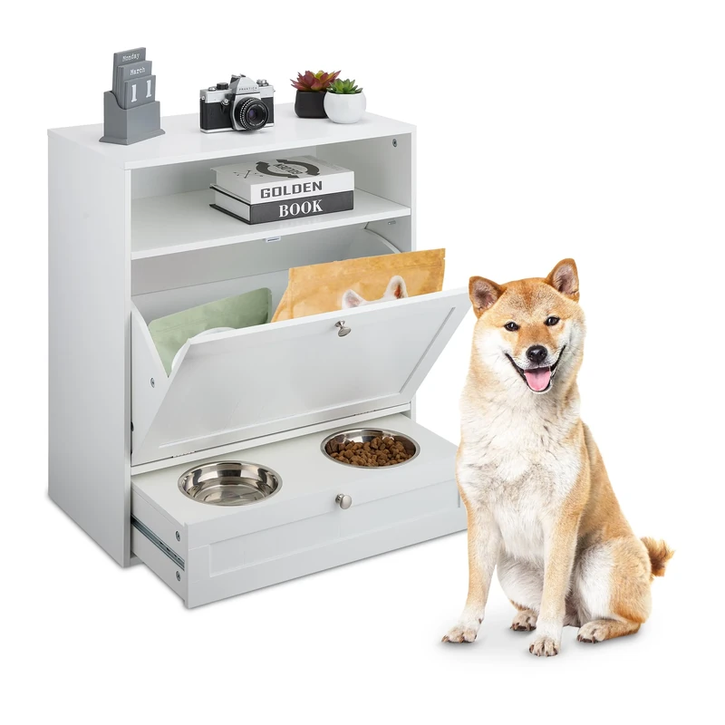 Relaxdays Pet Feeding Station, Drawer with 2 Bowls, Dog Food Storage, Tilting Cabinet, HWD: 68 x 60 x 33 cm, MDF, White