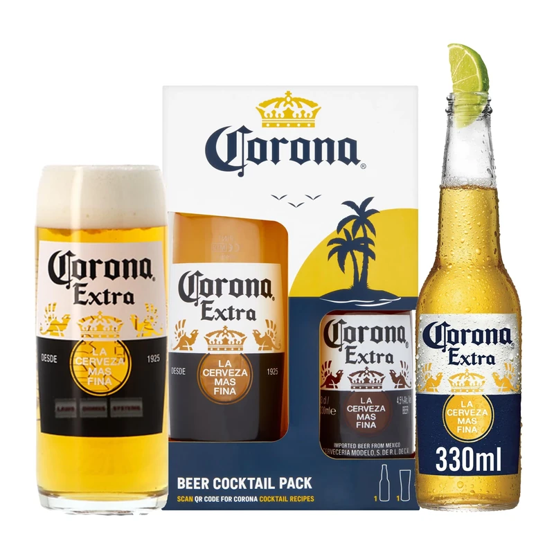 Corona Beer Gift Set - Official Licensed Corona Extra and Premium Branded Glass, 330ml Bottle, Beer Gifts for Men, Lager Gift Set for Him, Alcohol Gifts, Birthday, Stocking, Secret Santa, Christmas