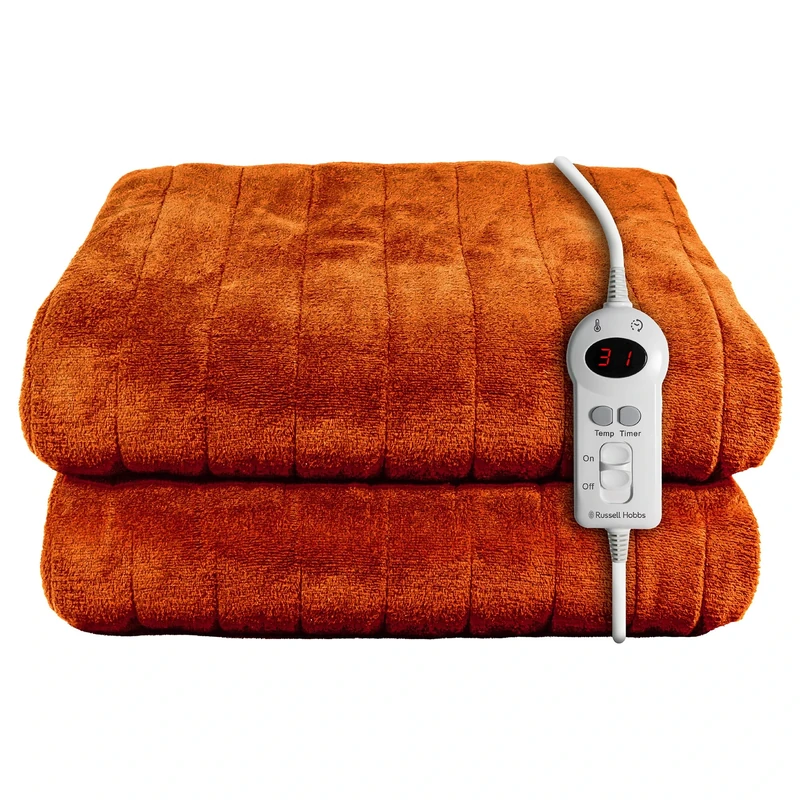 Russell Hobbs Electric Blanket Orange Heated Throw Sherpa & Microfleece 130 x 180 cm with Digital Remote, Auto Shutoff Overheat Protection 12 Hour Timer, 9 Heat Settings 2 Year Guarantee, RHHT1003OR
