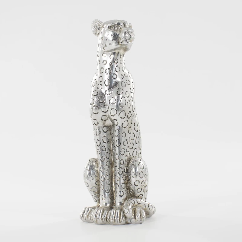 LAIKEARTS Cheetah Statue Silver Leopard Sculpture Home Decor Leopard Sculpture Resin Handmade Sitting Suitable for Living Room Table Center Bedroom Gift for Woman Father