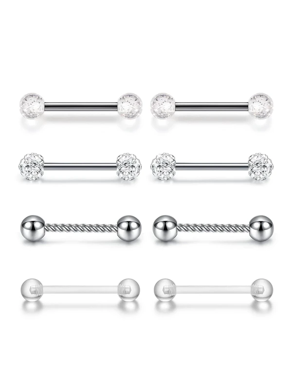 AllerPierce 8pcs Tongue Bars Nipple Ring 14G Stainless Steel Cubic Zirconia Nipple Bars Barbell Ring Body Piercing Jewellry