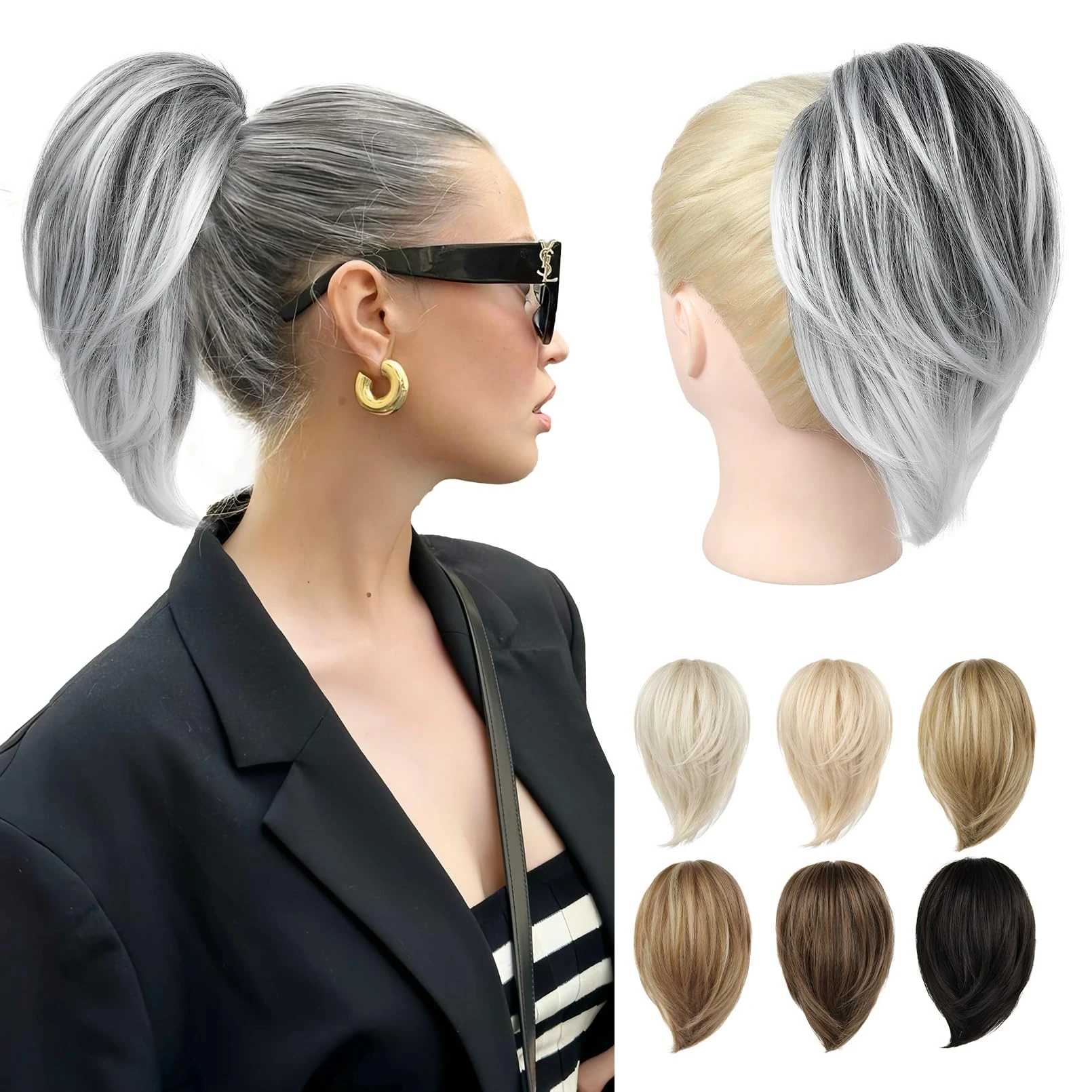 REECHO Ponytail Extension，Claw Clip Hair Bun Hair Piece Short Straight Ponytail Hair Extensions Messy Hair Bun Natural Synthetic Fake Ponytail Hair Pieces for Women- Grey with White Ends