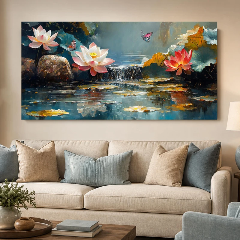 Anolyfi Lotus Canvas Wall Art for Living Room, Zen Yoga Decor Pink Large Picture Landscape Bedroom Painting Textured Artwork Framed for Spa Bathroom Hallway Kitchen Room Office Home Decor 40"x20"