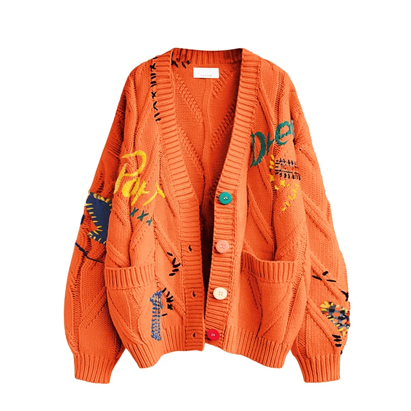 Women's Cable Knit Long Sleeve Open Front Cardigan Sheep V-Neck Button Down Embroidery Wool Blend Sweater Coat Outwear, Orange, M