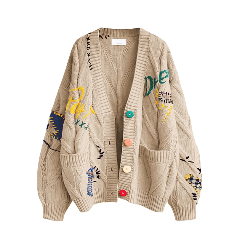 Women's Cable Knit Long Sleeve Open Front Cardigan Sheep V-Neck Button Down Embroidery Wool Blend Sweater Coat Outwear, Khaki, M