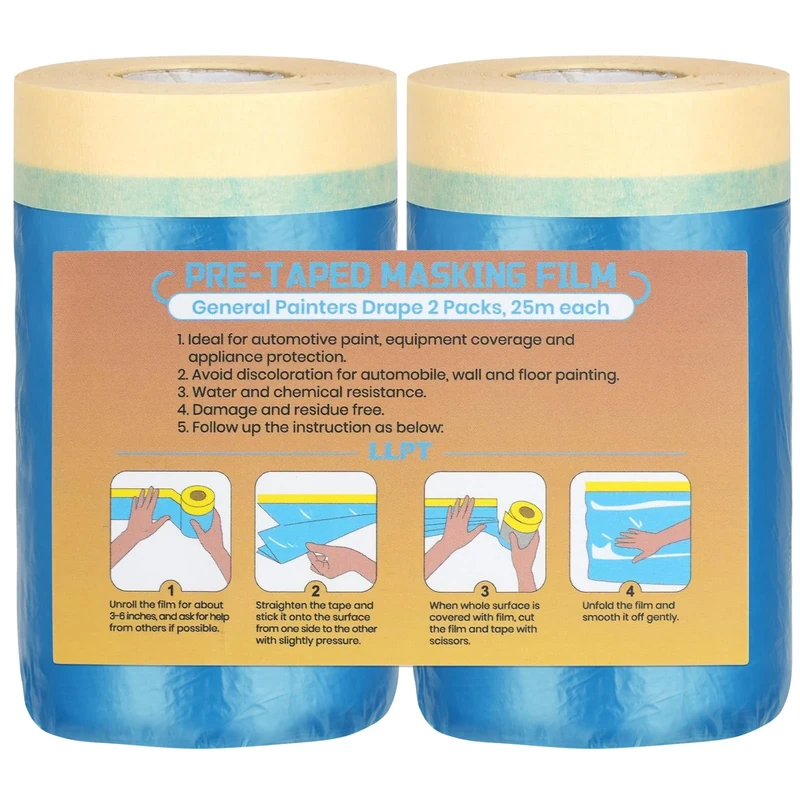 LLPT Tape and Drape Pre-Taped Masking Film | 2 Rolls | Self-Adhesive Painting Drop Film | Plastic Dust Sheets for Decorating, Cars Painting| (CMF55) | 55cm(Unfolded) x 25m