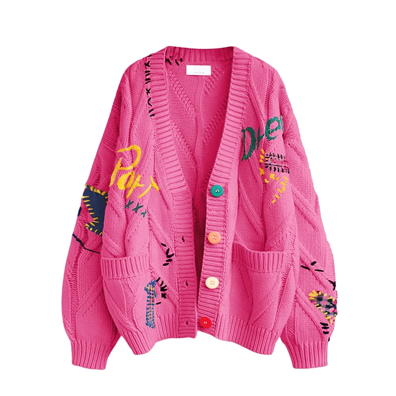 Women's Cable Knit Long Sleeve Open Front Cardigan Sheep V-Neck Button Down Embroidery Wool Blend Sweater Coat Outwear, Rose Red, XXL