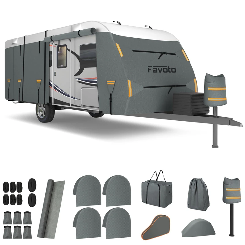 Favoto Caravan Protective Cover Waterproof Outdoor Tarpaulin Caravan Motorhome Protective Cover 420D Oxford Non-Woven Fabric Windproof Breathable Dustproof UV Protection Summer Winter 550 x 250 x 220
