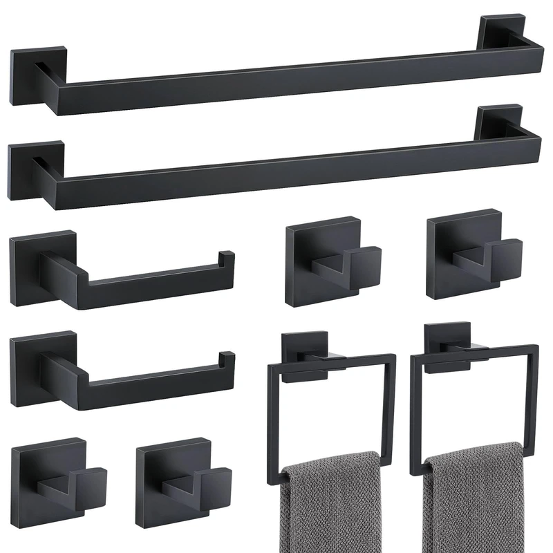 10 Pieces Bathroom Hardware Accessories Set Black Towel Bar Set Towel Holder Racks Set for Bathroom,SUS304 Stainless Steel,Wall Mounted 23.6-Inch