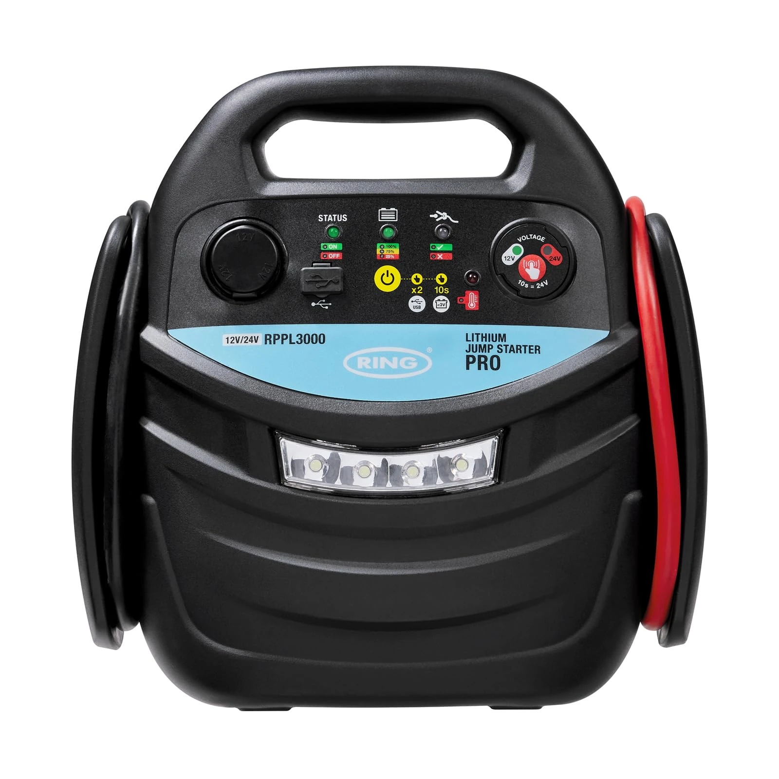 RING Professional Cordless Lithium Jump Starter With Boost Function For Starting Depleted Batteries - USB Power bank Function