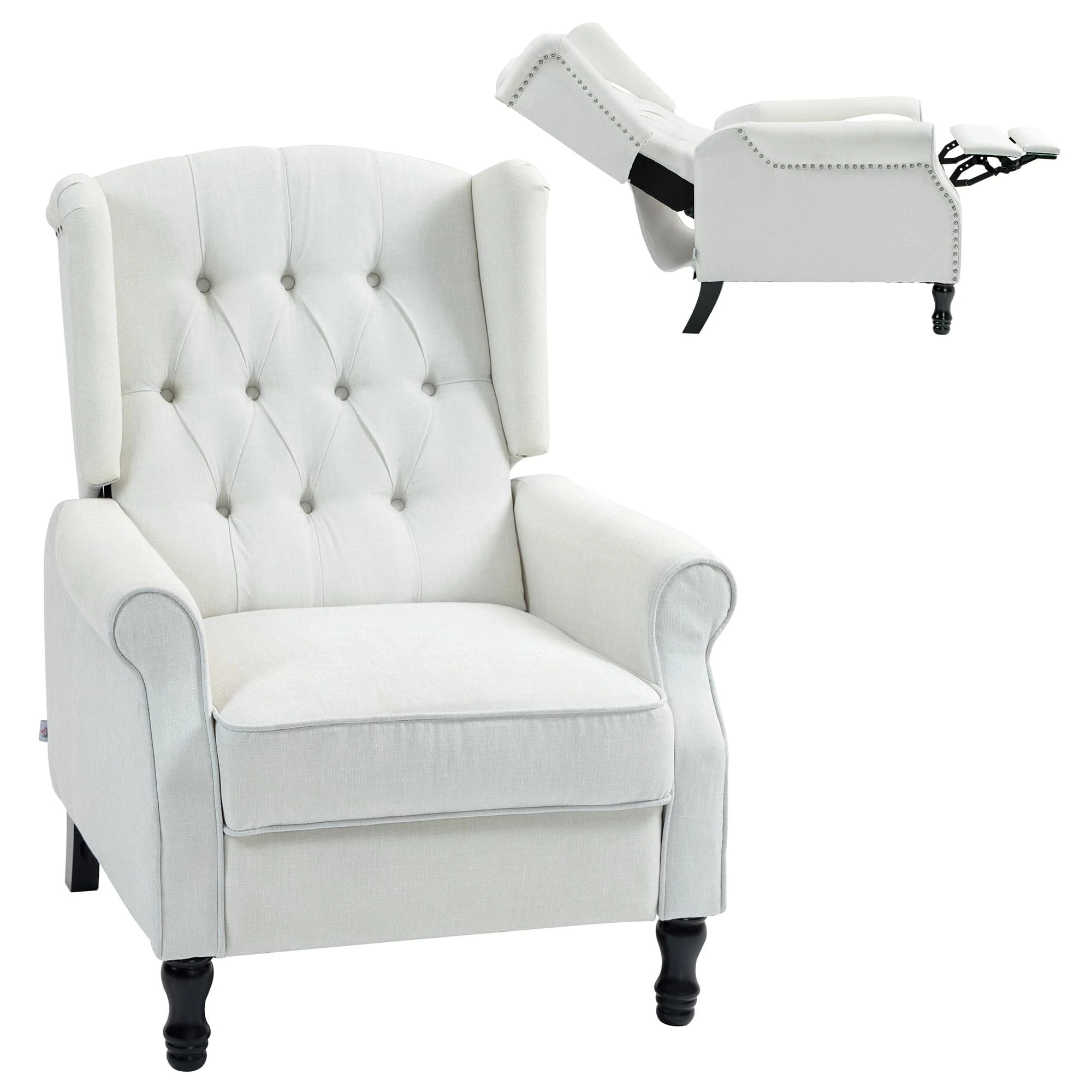 HOMCOM Recliner Armchair, Vintage Reclining Chair with Nail Head Trim, Wingback Chair with Button Tufted Back and Footrest, for Living Room, Cream White