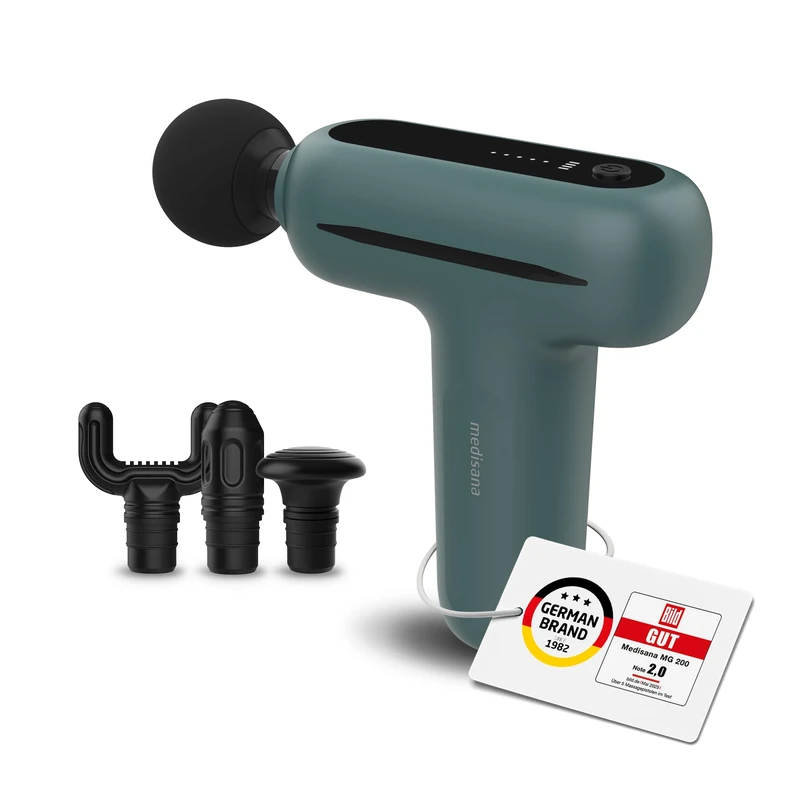 medisana MG 200 Mini Massage Gun, Massage Gun with 4 attachments, Massager with Smart Mode and 5 Intensity Levels for Relaxation and Massage, Long Battery Life, with Storage Box