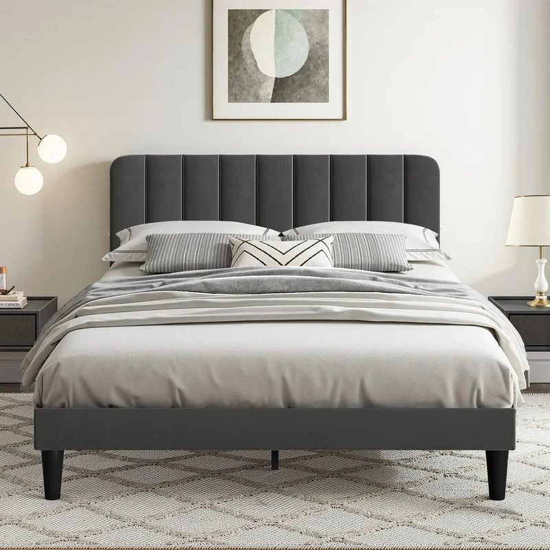 VECELO Double Size Bed Frame, 4ft6 Upholstered Velvet Platform with Adjustable Headboard, Wood Slat Support, Mattress Foundation, No Box Spring Needed, Noise-free, Dark Grey