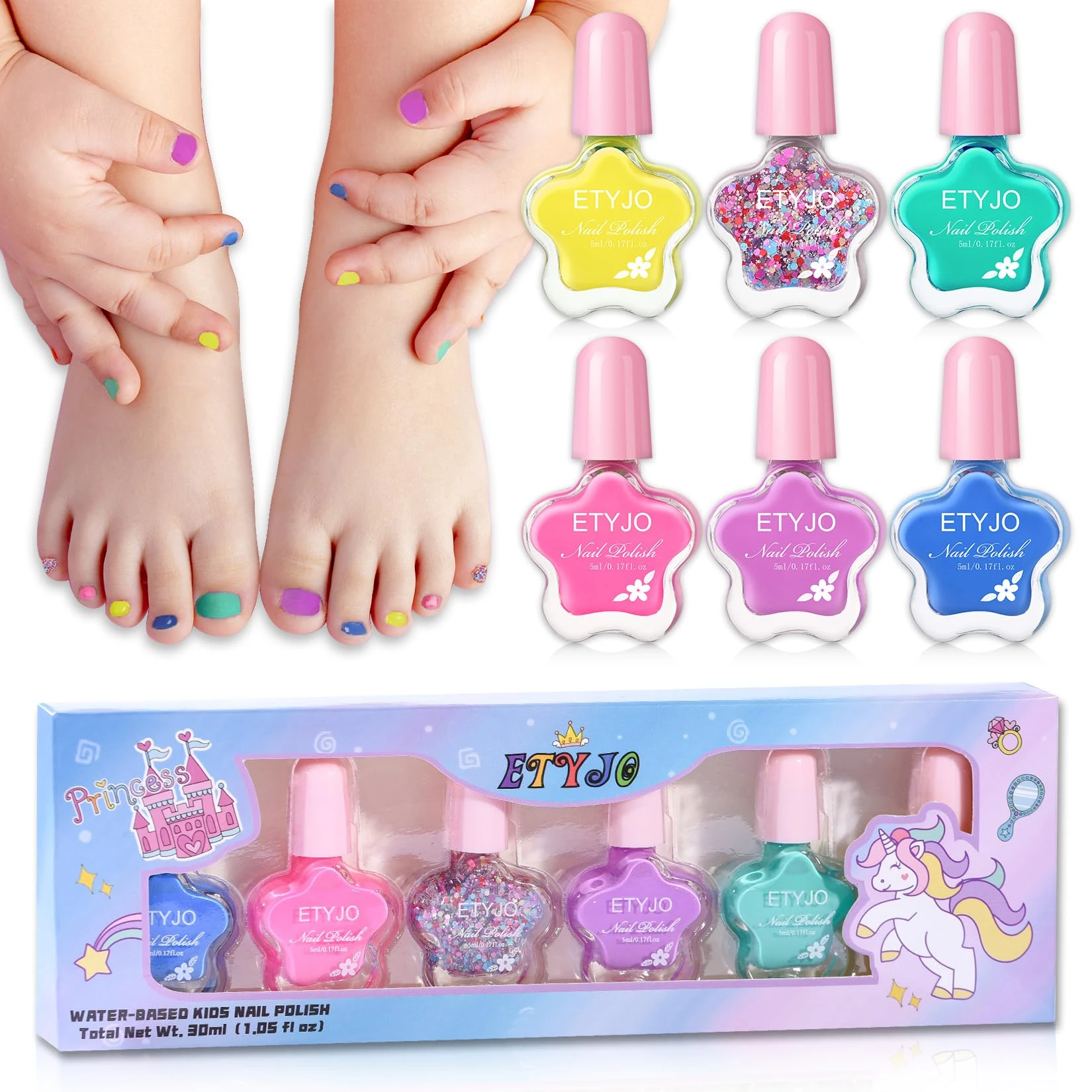 ETYJO Water-Based Kids Nail Polish - Non Toxic Childrens Nail Varnish 6 Rainbow Peel Off Quick Dry Toddler Nail Varnish For Teenage Girls Gift Kit