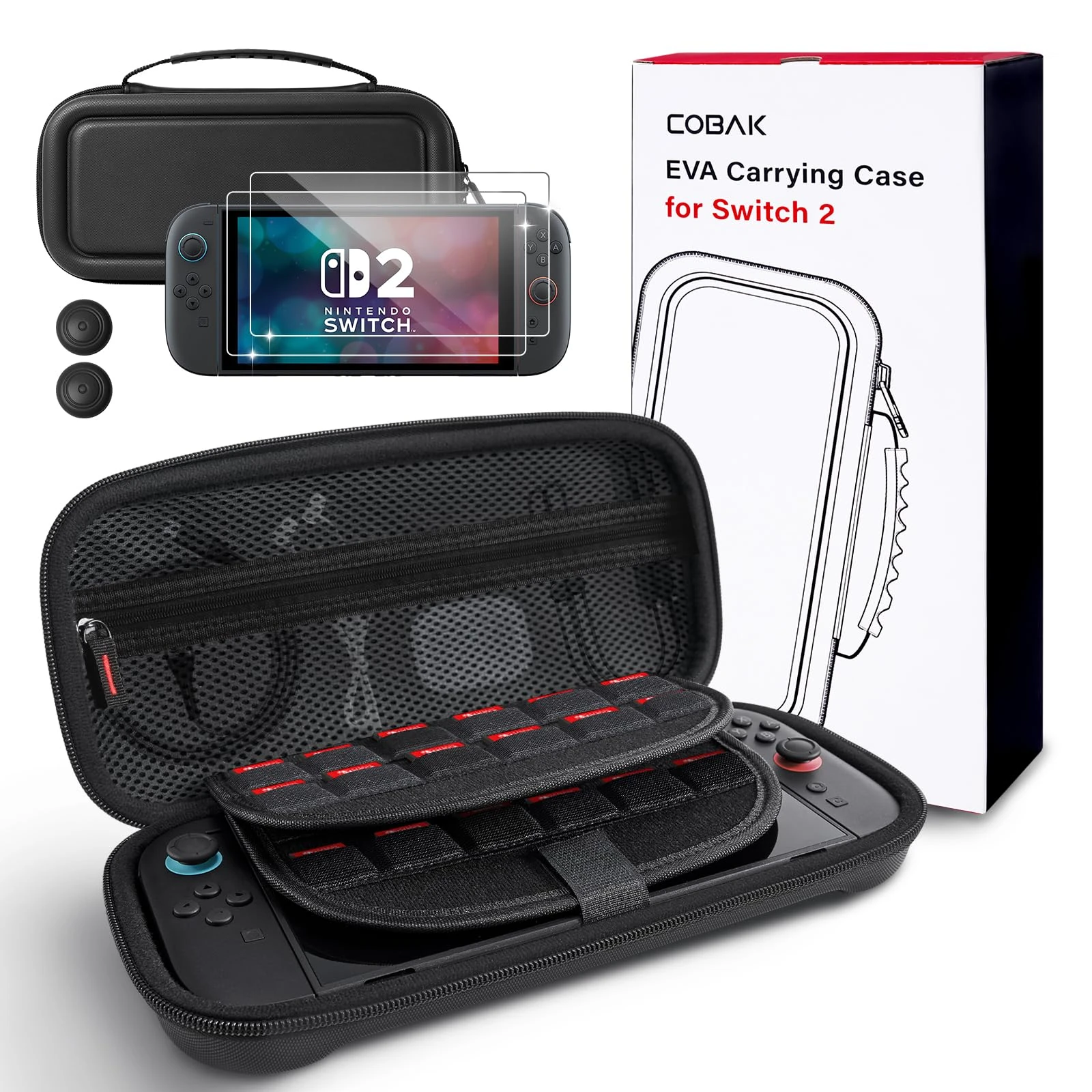 CoBak Large Capacity Carrying Case for Nintendo Switch 2 (2025) - 3 in 1 Accessories Bundle with 2 Screen Protectors, Thumb Grip Caps, 24 Game Cards/microSD | Gift Box Edition (Black)