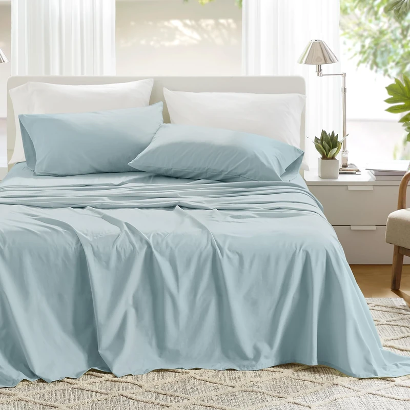 Comfort Spaces 100% Cotton Sheets King, Breathable & Soft Cotton Sheets, Naturally Cool Cotton Bed Sheets with 14" Elastic Pocket Fits up to 16" Mattress, All Season Sheet Set, Light Blue 4 Piece
