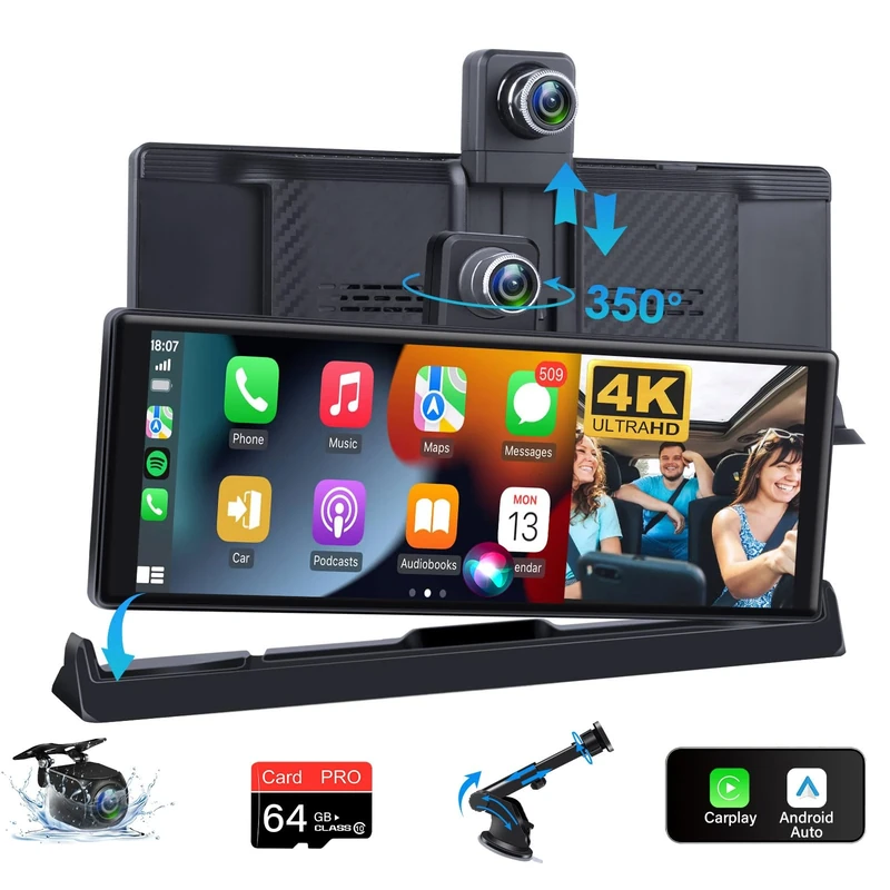 Limited Time4K Apple Car Play Screen with Exclusive Bracket 350°Rotatable 10.26 Inch Wireless CarPlay Android Auto, CarPlay Screen for Car Car Tablet with Dash Cam GPS Navigation Siri G-oogle