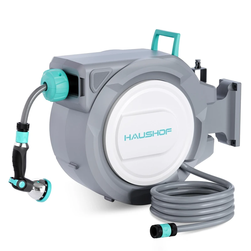 HAUSHOF 30 m Retractable Garden Hose Reel, Wall Mounted Hose Pipe Reel