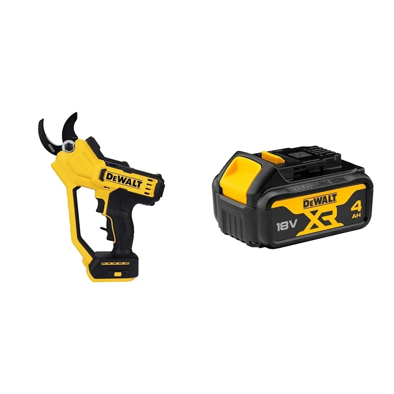 DEWALT DCMPP568N-XJ 18V XR Stainless Steel Pruner, 38 mm Cut Capacity, Rust Resistant, Non-Stick Coated Blades, LED Work Light, Ambidextrous, Modern Style, Multicolored + DEWALT Battery