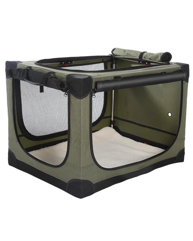 33 x 25 x 25 Inch Collapsible Soft Dog Crate for Dogs Up to 70 lbs, Portable Travel Pet Kennel with 4 Zip Doors, Foldable Indoor Outdoor Crate with Mat, Carry Bag, Green