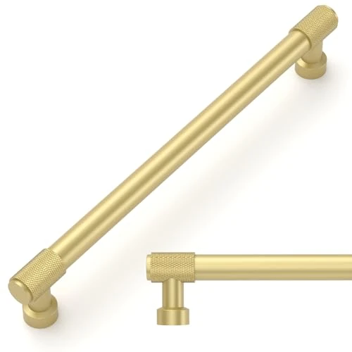 Amerdeco 10 Pack Brushed Gold Knurled Cabinet Pulls 10 Inch(254mm) Hole Center Kitchen Cabinet Handles Drawer Pulls Cabinet Hardware ZH0034
